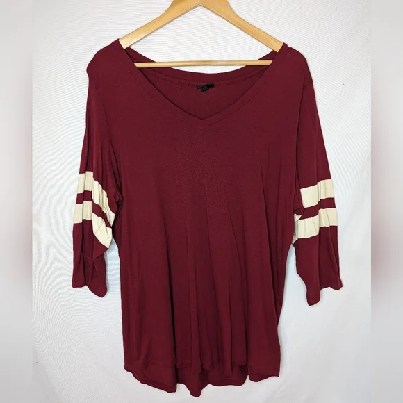 Torrid Heritage Slub V Neck Striped Maroon Football 3/4 Sleeves Tee - Picture 2 of 11
